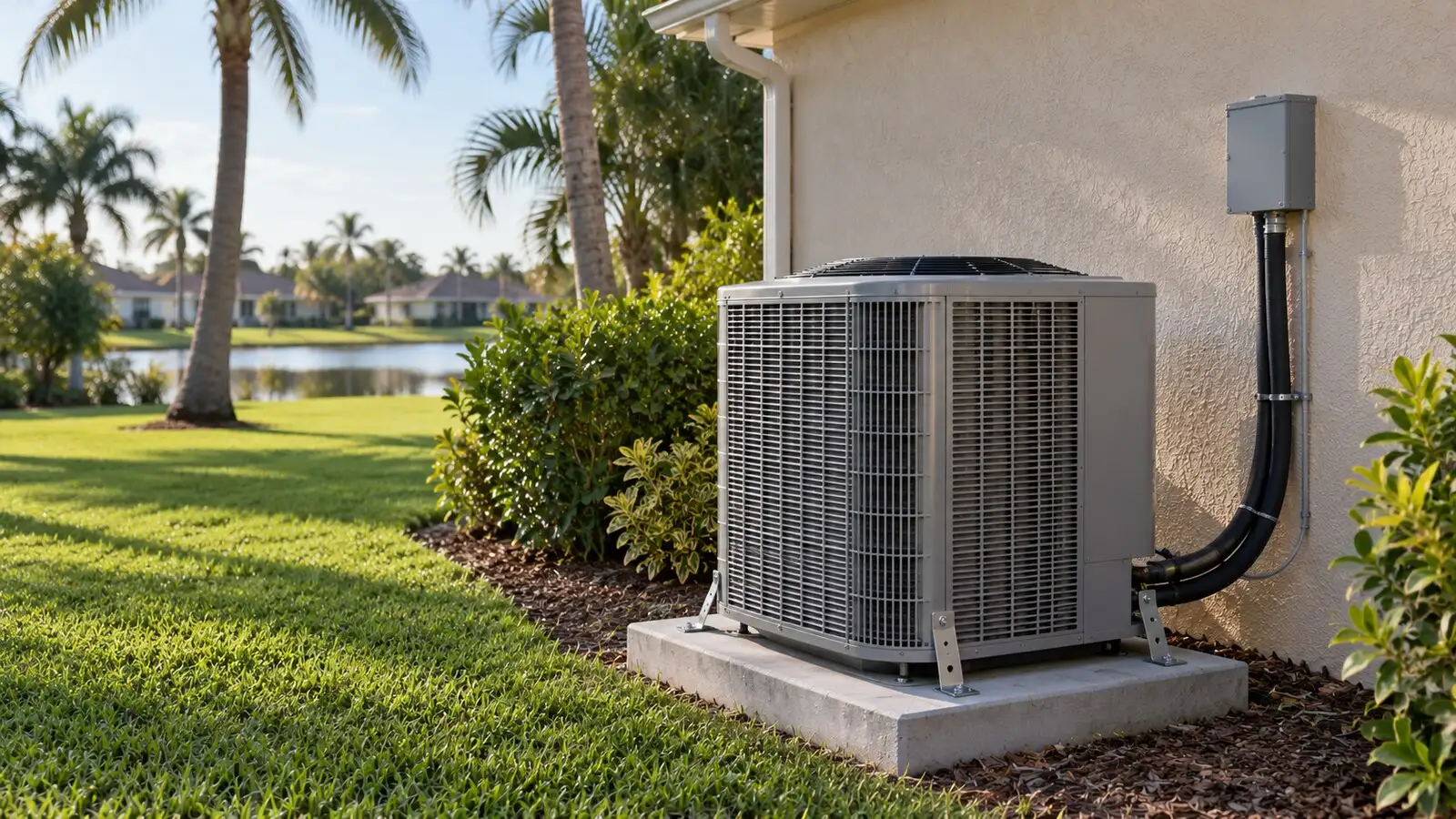 A newly set residential condenser anchored to a concrete pad beside a Florida stucco wall, line set and disconnect in place
