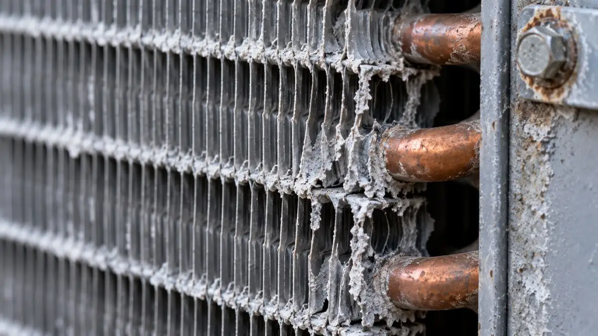 Aluminum condenser fins eaten back by chloride, exposing the copper tube behind them