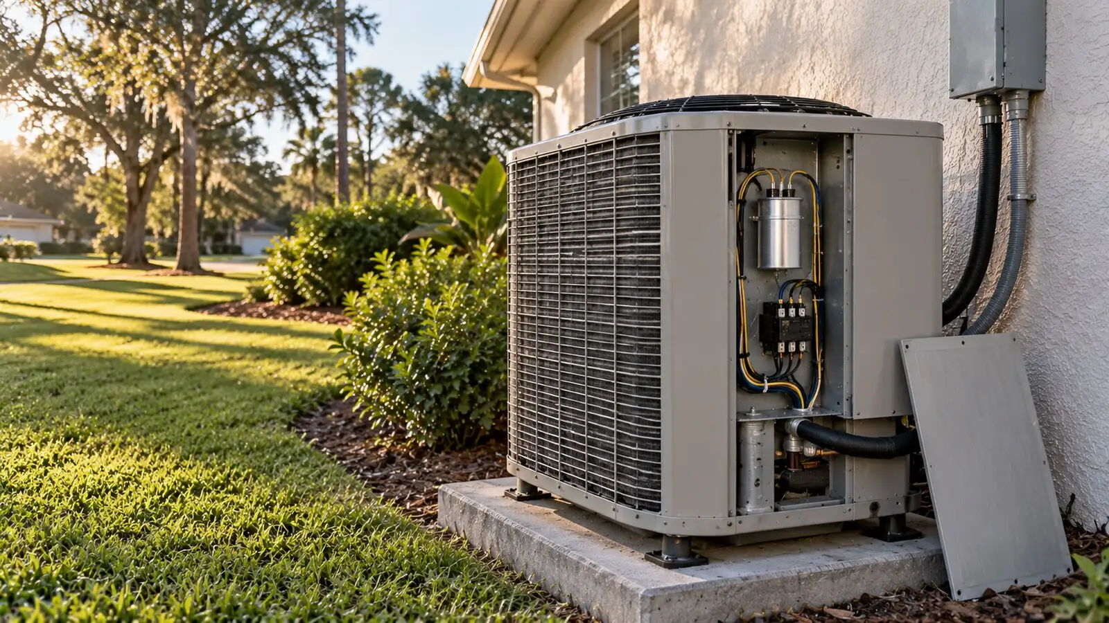 A residential heat pump with its service panel off, exposing the run capacitor and contactor that most repairs come down to